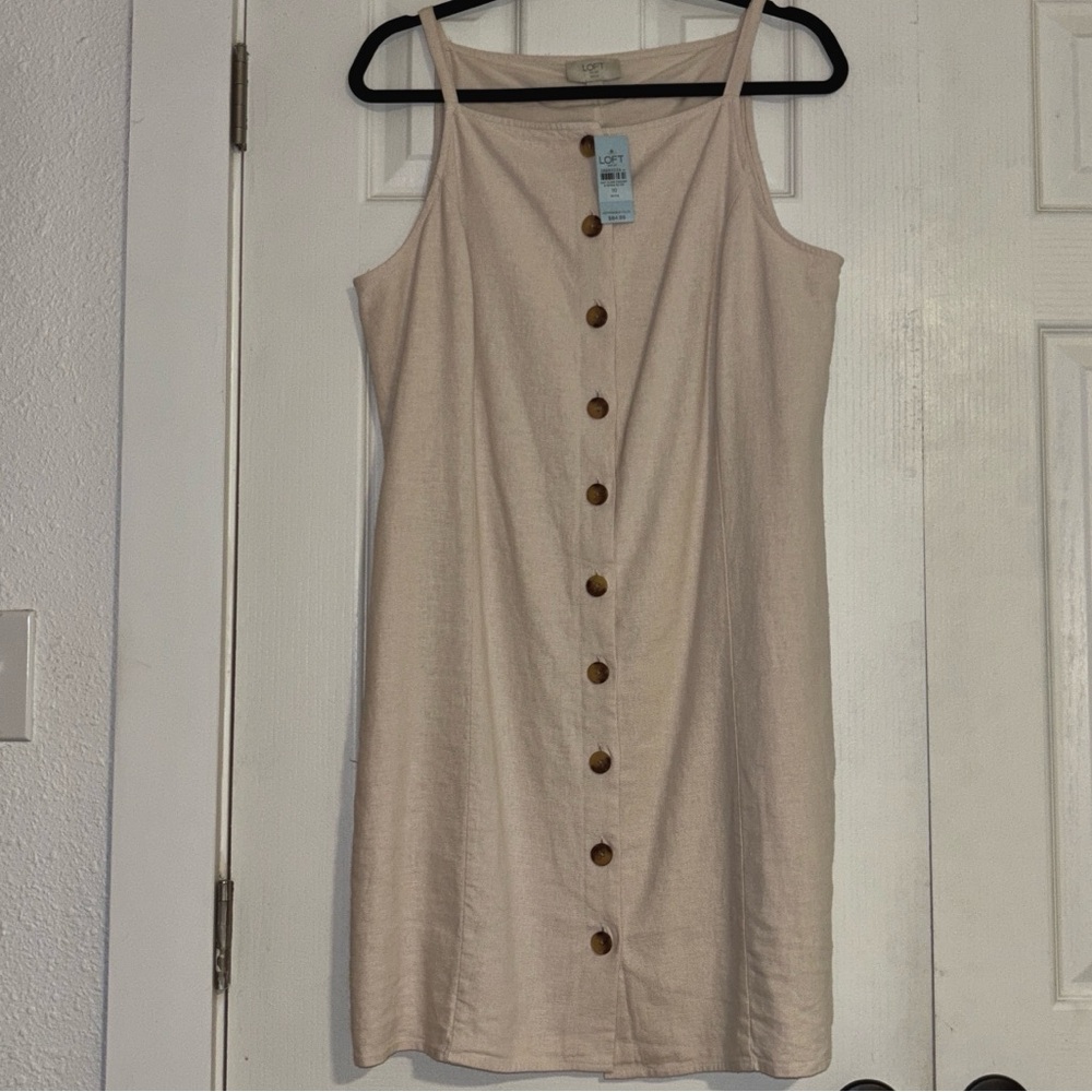 NWT Loft Beige Linen Blend Button-Down Sleeveless Dress - Neutral Summer Vibes